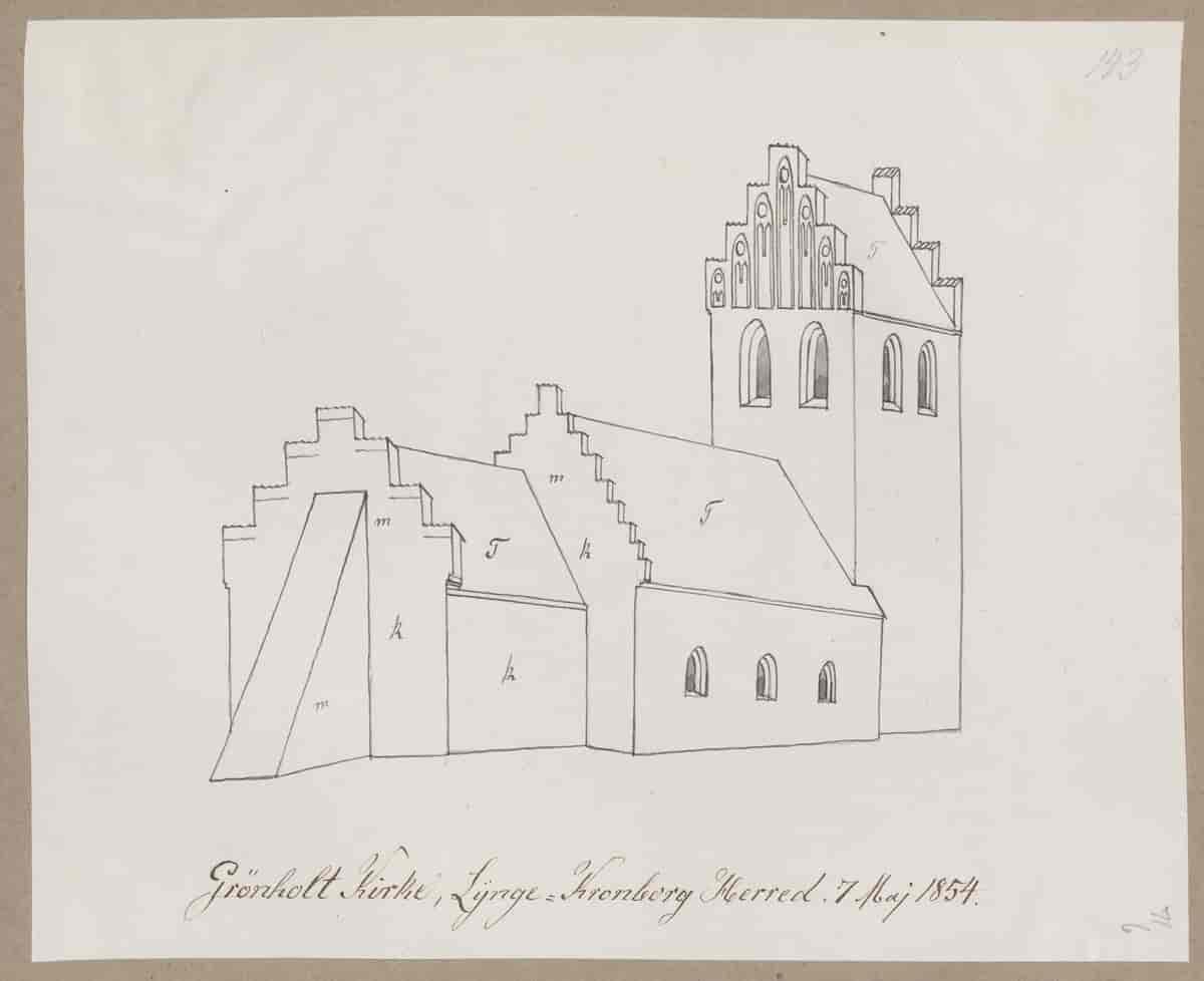 Tegning med titlen Grønholt Kirke, Lynge-Kronborg Herred. 7.5.1854