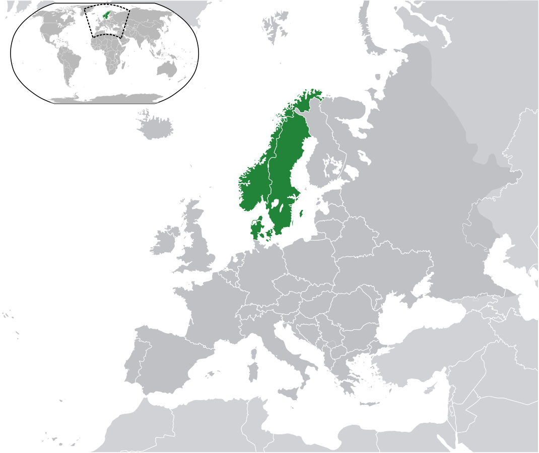 Skandinavien er markeret med grønt