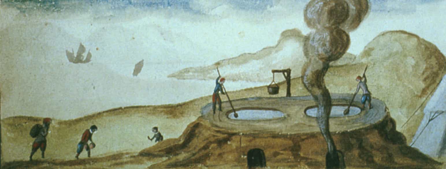 Robert Fotherbys maleri fra 1613 viser hvalfangere, som koger hvalspæk for at udvinde tran