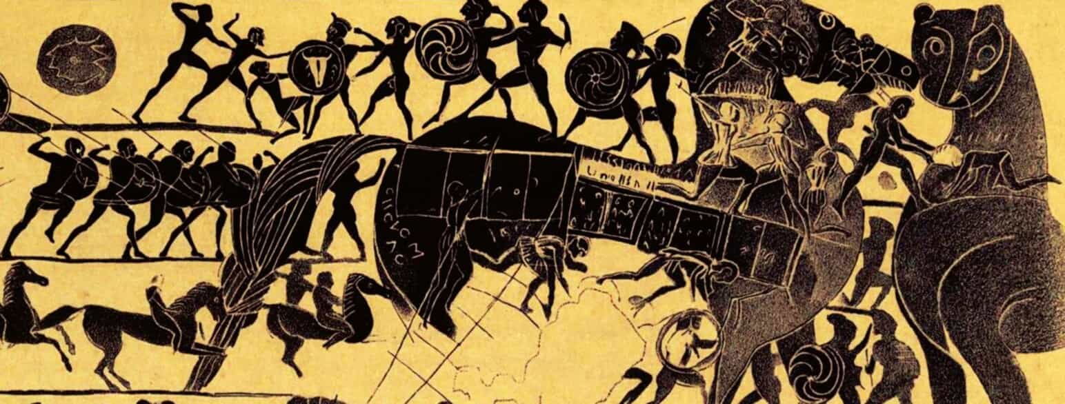 Aryballos-maleri i korintisk stil, som viser historien om den trojanske hest, ca. 560 f.v.t.