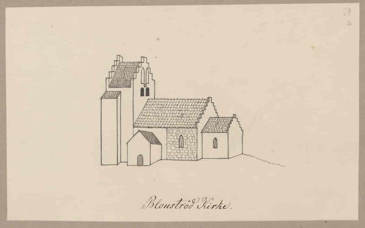 Tegning af Blovstrød Kirke fra 1820-1880