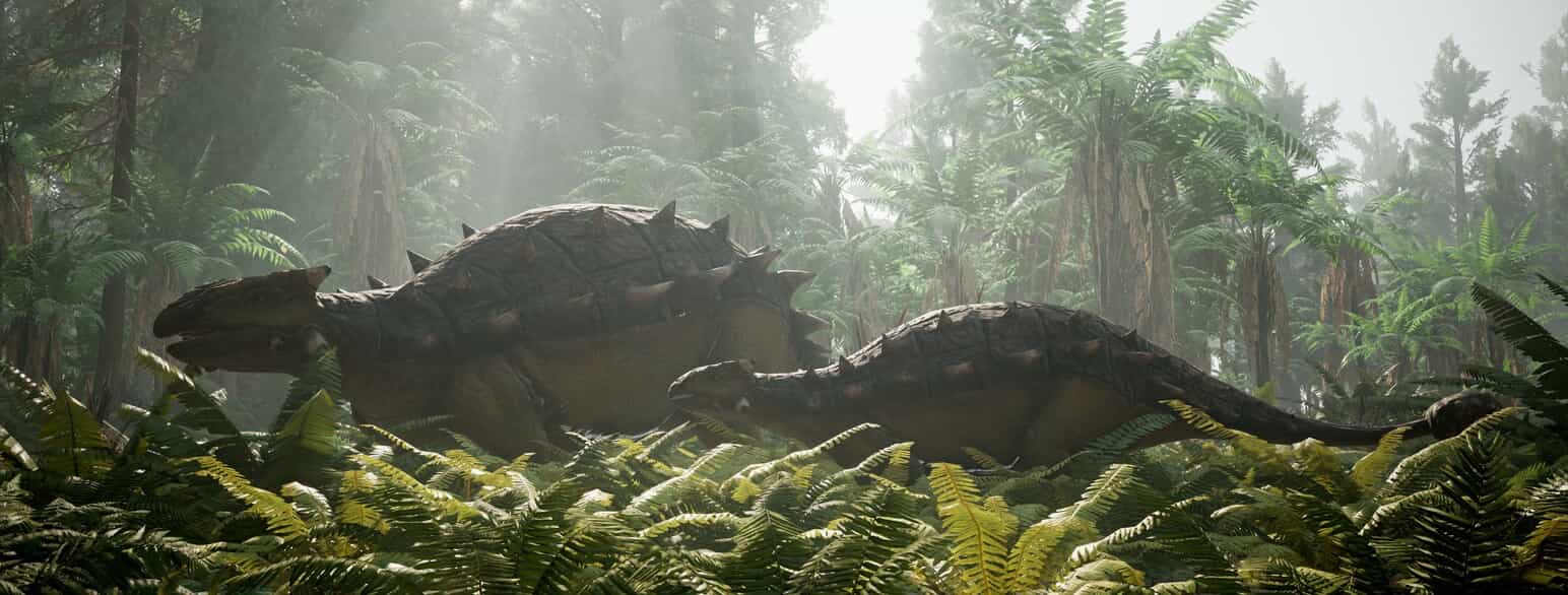 Kunstnerisk gengivelse af en Ankylosaurus-hun med unge