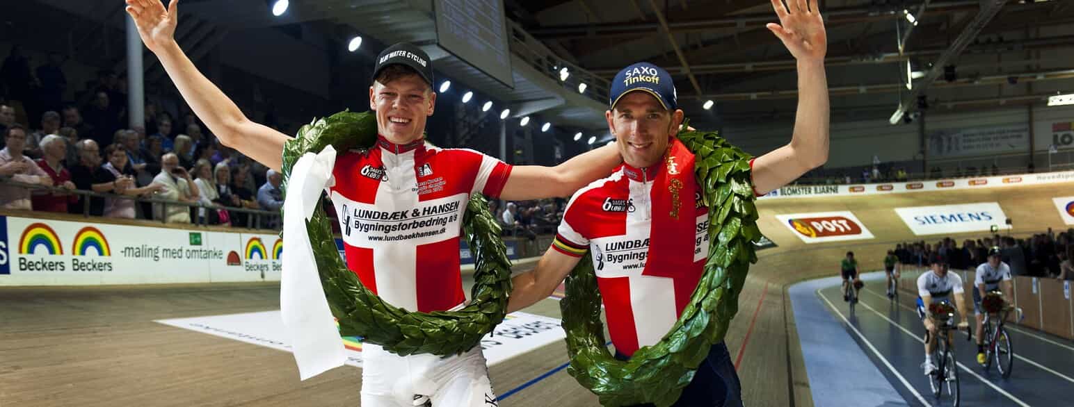 Par nr. 7 (Lasse Norman Hansen og Michael Mørkøv) hyldes som vinder af det 51. københavnske seksdagesløb i 2013