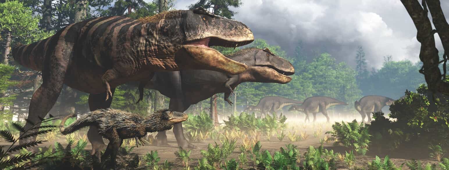 Kunstnerisk gengivelse af et par Tyrannosaurus rex med en unge. I baggrunden ses en flok Edmontosaurus