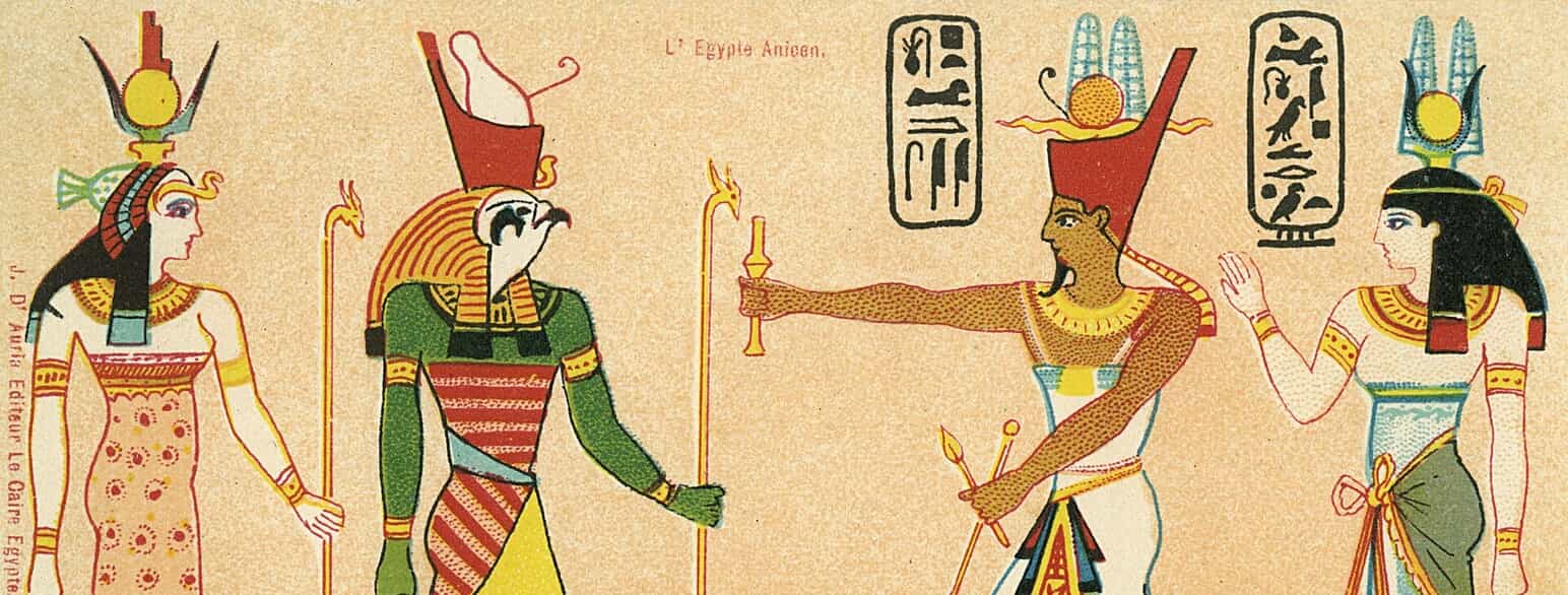 Gengivelse af vægmaleri fra Idfu af Ptolemaios og Kleopatra, der bringer offergaver til guderne.