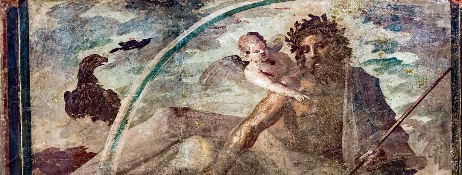 Pompejansk fresco fra af Zeus/Jupiter med scepter og lynkile. Eros ses pegende på sceptret. Maleriet er et udtryk for den 4. stil i Pompejansk vægmaleri, og stammer fra perioden 50 til 79 e.v.t.