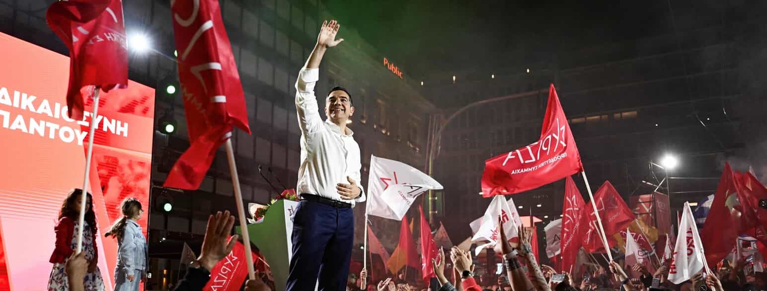 SYRIZA's formand, Alexis Tsipras, ved partiets valgmøde i Athen den 18. maj 2023.