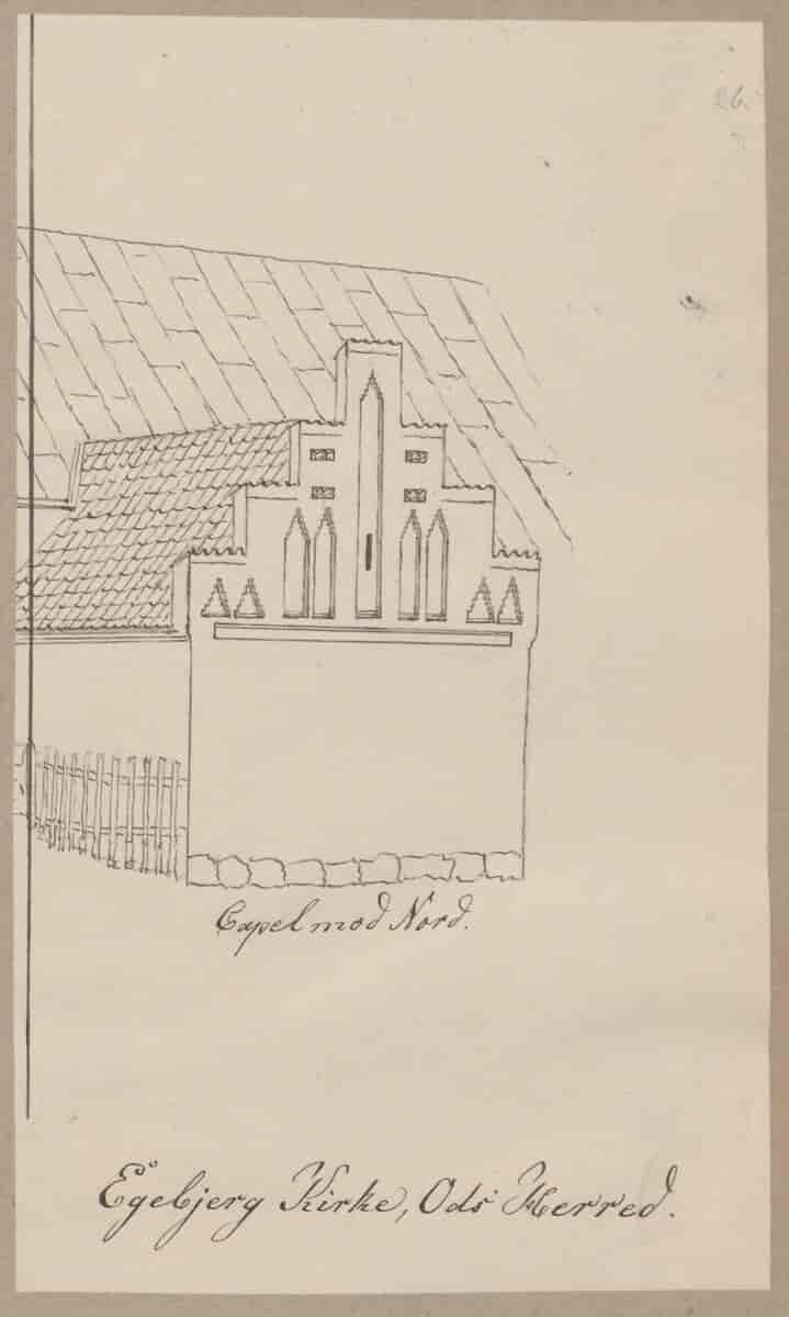 Tegning af Egebjerg Kirke fra 1820-1880.