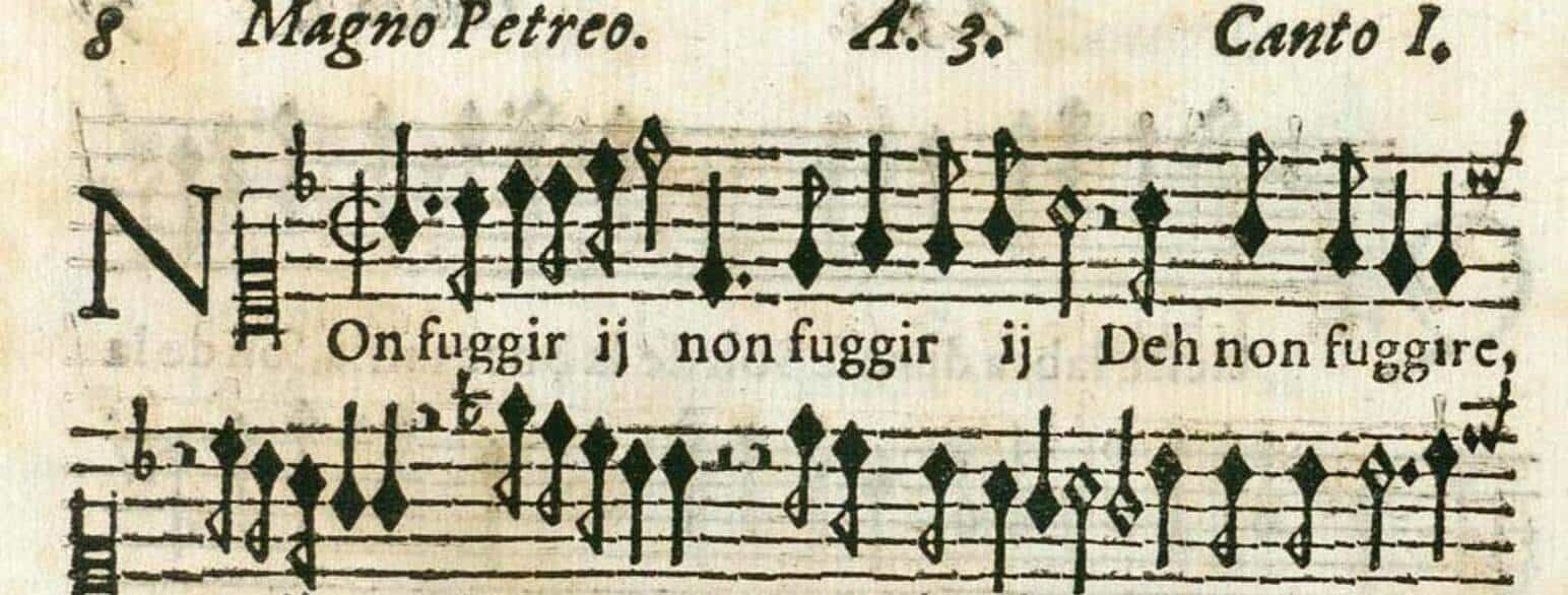 Udsnit af cantus-stemmen til madrigaletten "Non fuggir", som Mogens Pedersøn fik udgivet i København i 1619.
