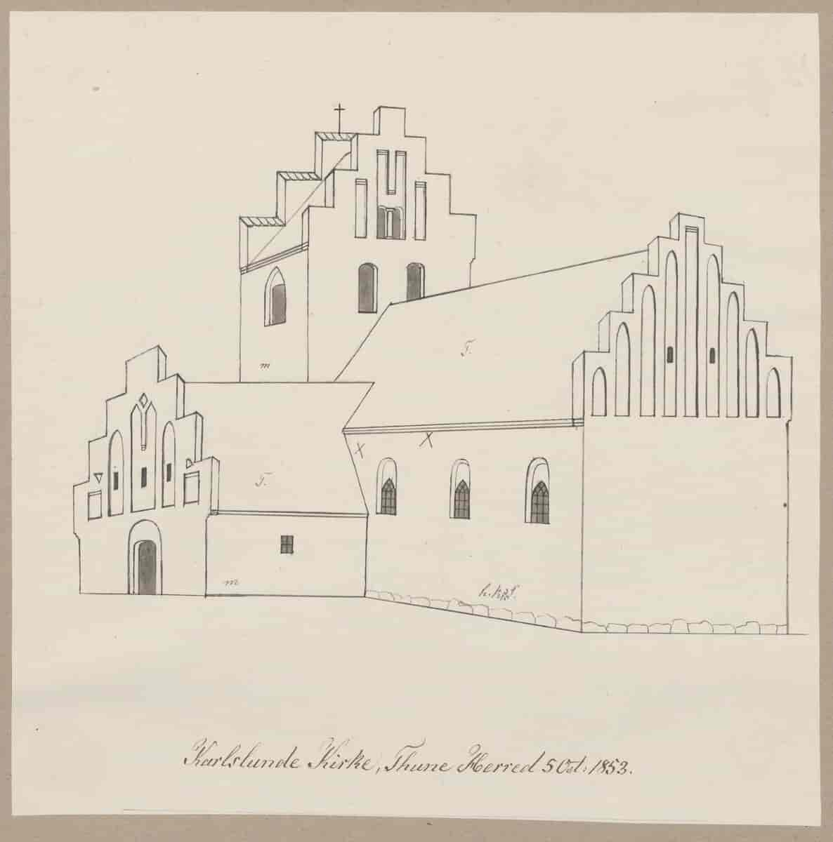 Tegning af Karlslunde Kirke