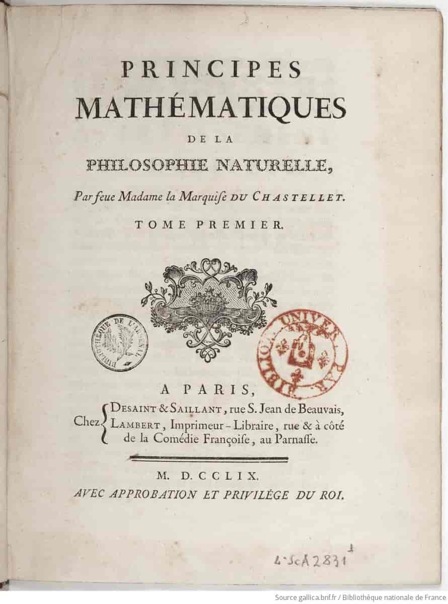 Forside af Châtelets oversættelse af Newtons Principia