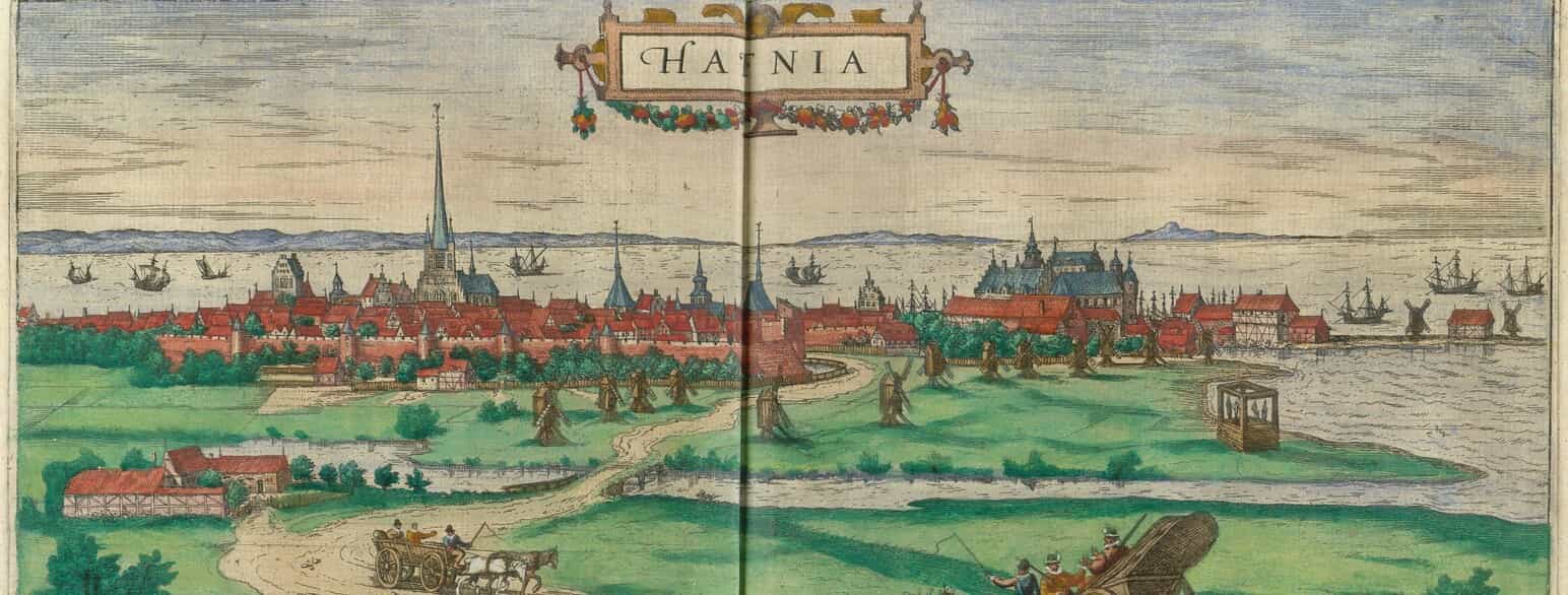 Udsnit af håndkoloreret kobberstik af Hafnia, dvs. København. Byen ses fra vest, og befæstningsmuren løber bag træerne.