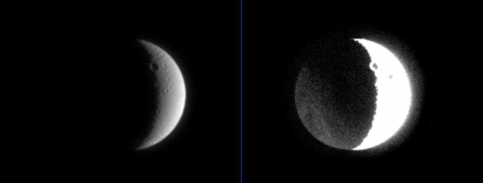 Jordskin opstår, når Solens lys reflekteres af Jorden og rammer Månen. Her er fænomenet på Saturns måne, Dione.