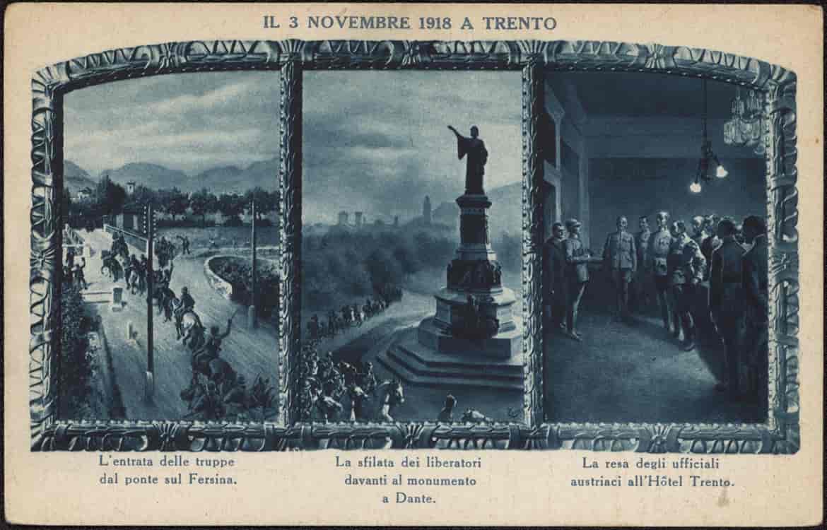 Mindepostkort om italienske troppers indrykning i Trento 1918