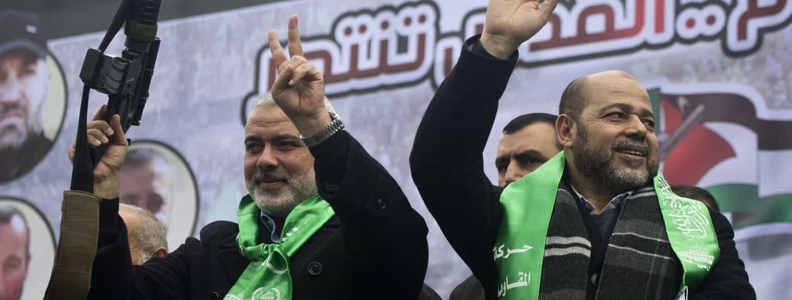 To af Hamas' ledere, Ismail Haniya og Mussa Abu Marzuq, i 2014 på 27-årsdagen for bevægelsens grundlæggelse.