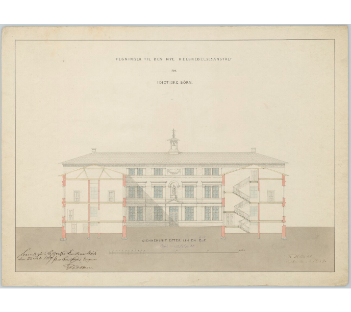 Helbredelsesanstalten blev tegnet af arkitekt Ferdinand Meldahl og opført på Rahbeks Alle 21, Frederiksberg