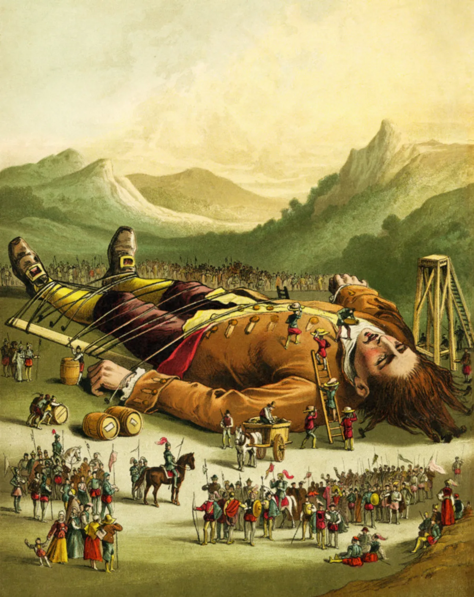 Illustration fra "Gullivers rejser" af Jonathan Swift.