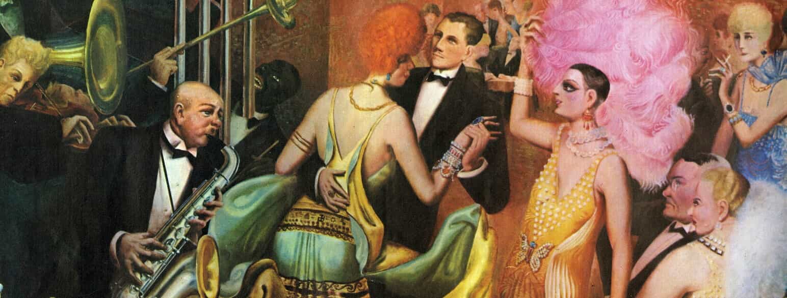 Udsnit af 'Metropolis' malet 1927-1928. I sin helhed afbilder værket tre tableauer fra nattelivet. Denne festscene er flankeret af krigsveteraner og prostituerede.