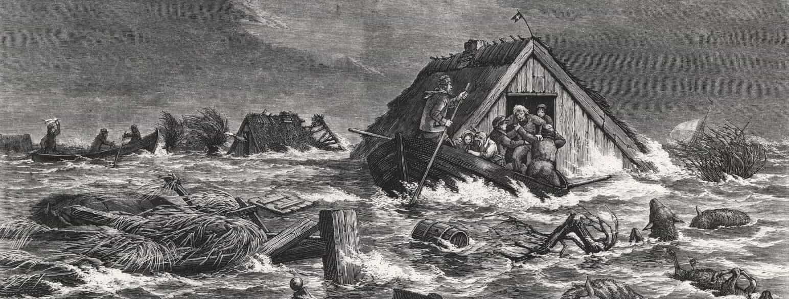 Illustration af stormfloden, da den ramte Sydfalster den 13. november 1872