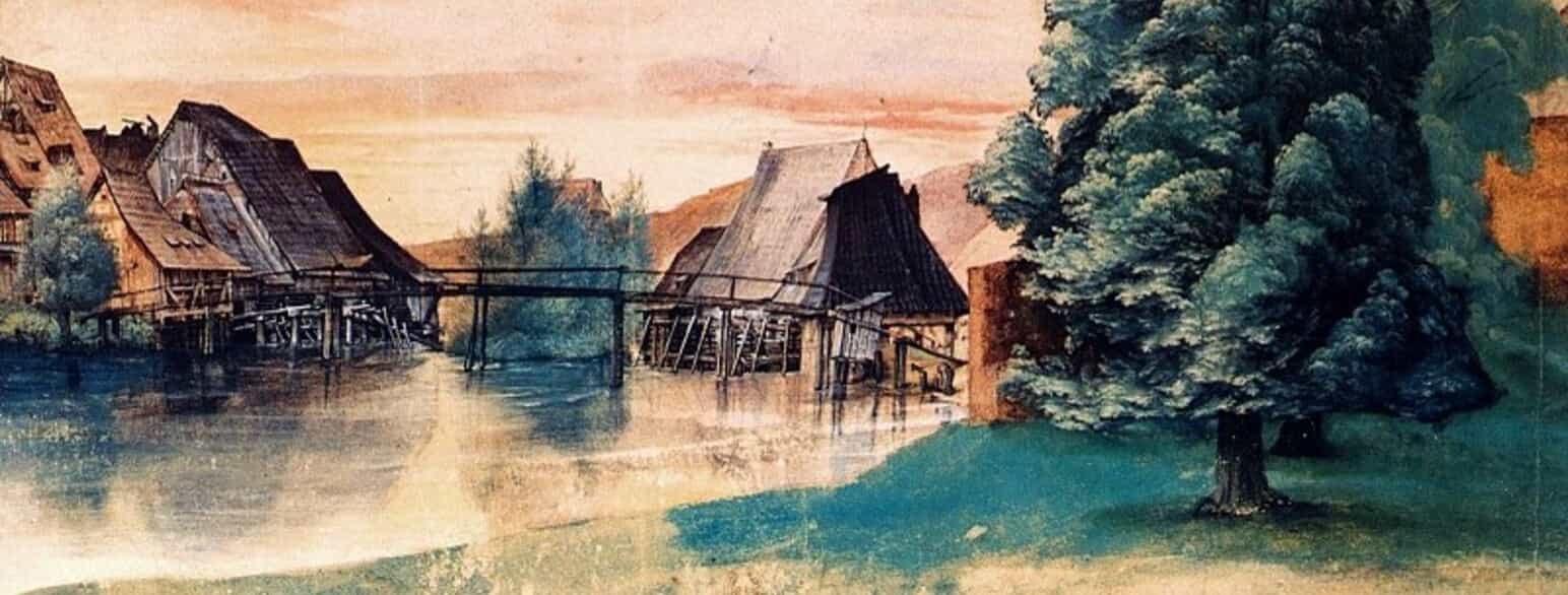 "Die Weidenmühle am Pegnitz bei Nürnberg" ('Vandmøllerne ved floden Pegnitz ved Nürnberg'), 1498, akvarel og dækfarve på papir