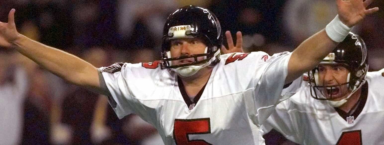 Morten Andersen jubler over en scoring på et fieldgoal for Atlanta Falcons den 17. januar 1999