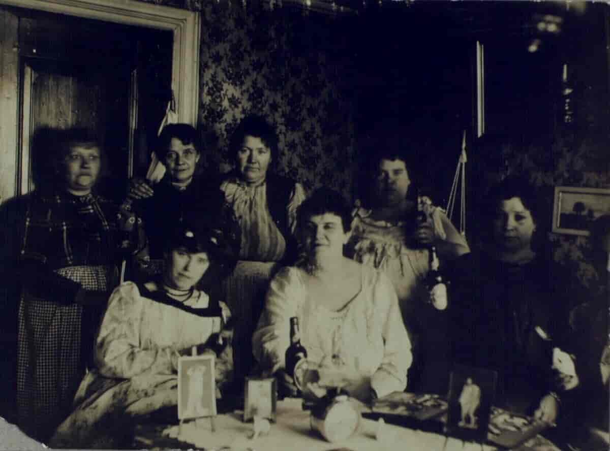 Kvinder sidder på et bordel og drikker øl