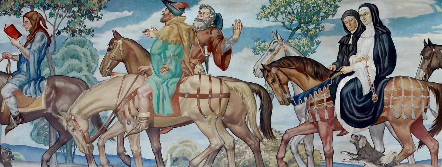 Figurer fra The Canterbury Tales på vægmaleri i Library of Congress i Washington.