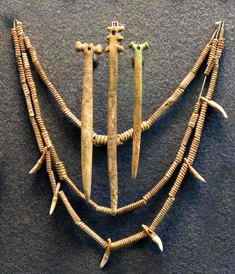 Yamnaya dekorative genstande med "hammerhoved"-bennåle og skalperle-halskæde med dyretænder