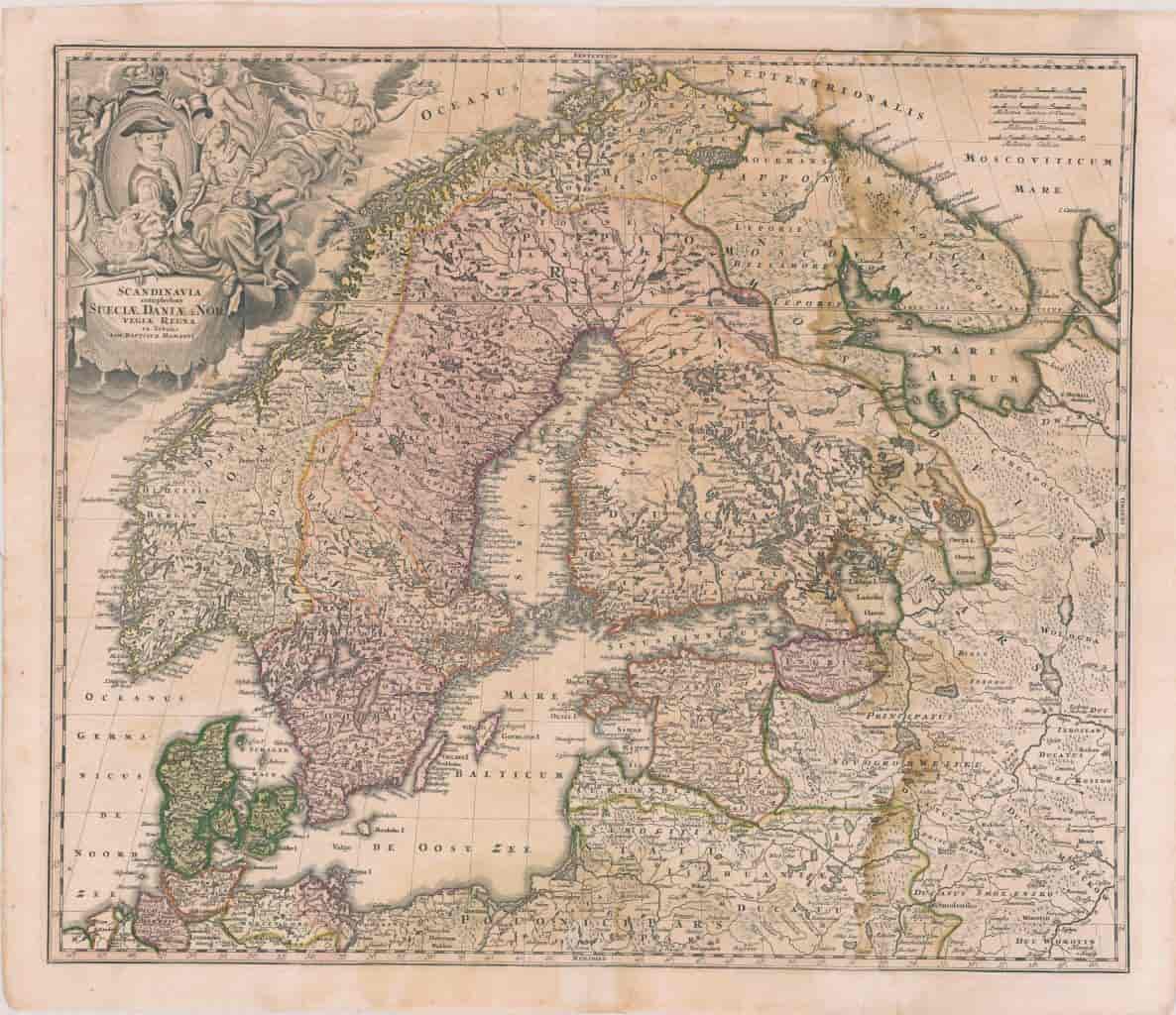 Scandinavia complectens Sueciæ, Daniæ & Norvegiæ regna. ex Tabulis Ioh Baptistæ Homanni. 1715