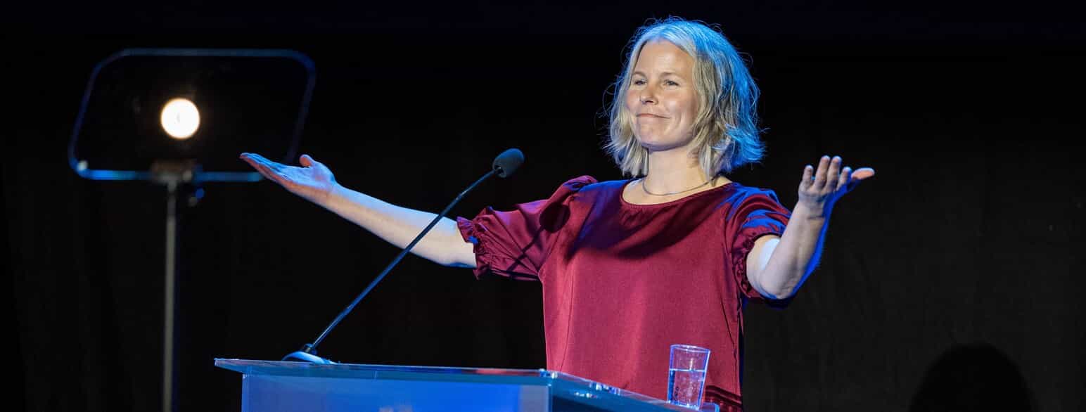 Kirsti Bergstø holder sin første tale som partileder ved SV's landsmøde i 2023
