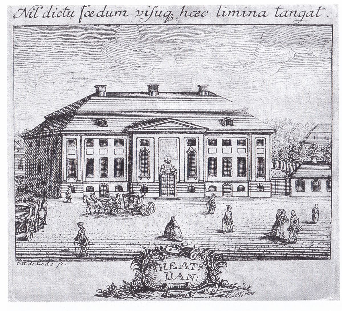 Kobberstik af det ydre af Nicolai Eigtveds komediehus på Kongens Nytorv 1750