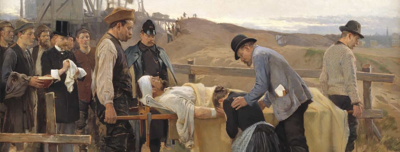 Udsnit af maleriet "En såret arbejder" fra 1895. I forgrunden ses den sårede på en båre, som en grædende kvinde knæler ved.
