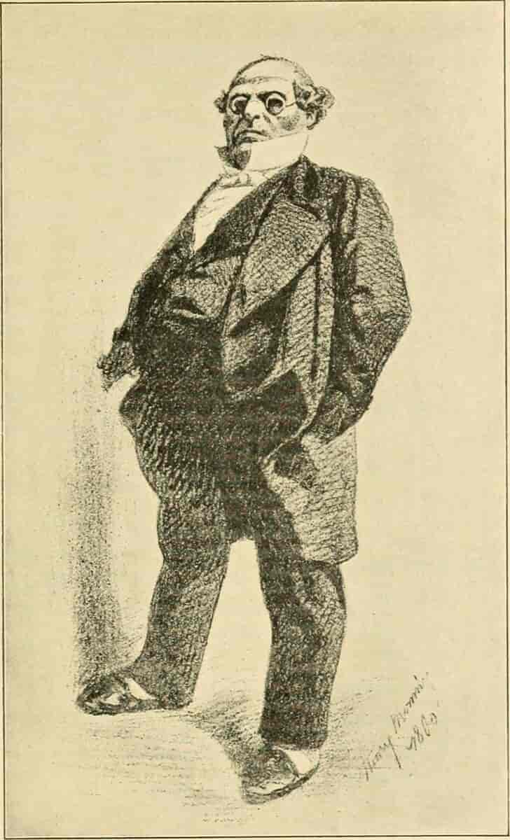 Her her M. Prudhomme som scenefigur i Henri Monniers egen streg (ca. 1860)