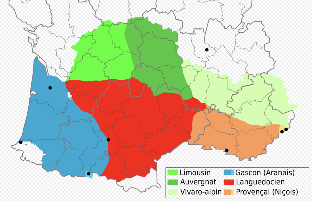 Occitansk - inddeling i de væsentligste dialekter