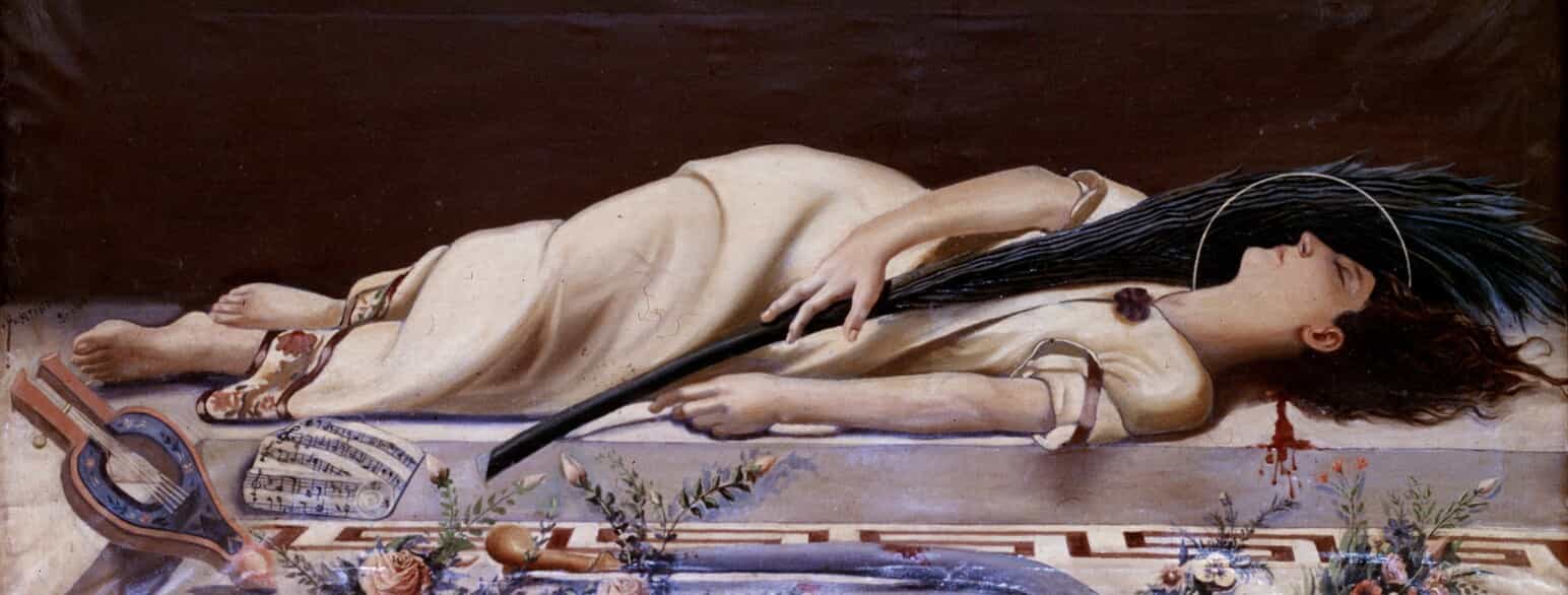 Sankt Cecilia, en romersk jomfru, der ifølge legenden har ladet sit blod som kristen martyr omkring år 200. Olie på lærred. 166x73cm. Malet i 1925.