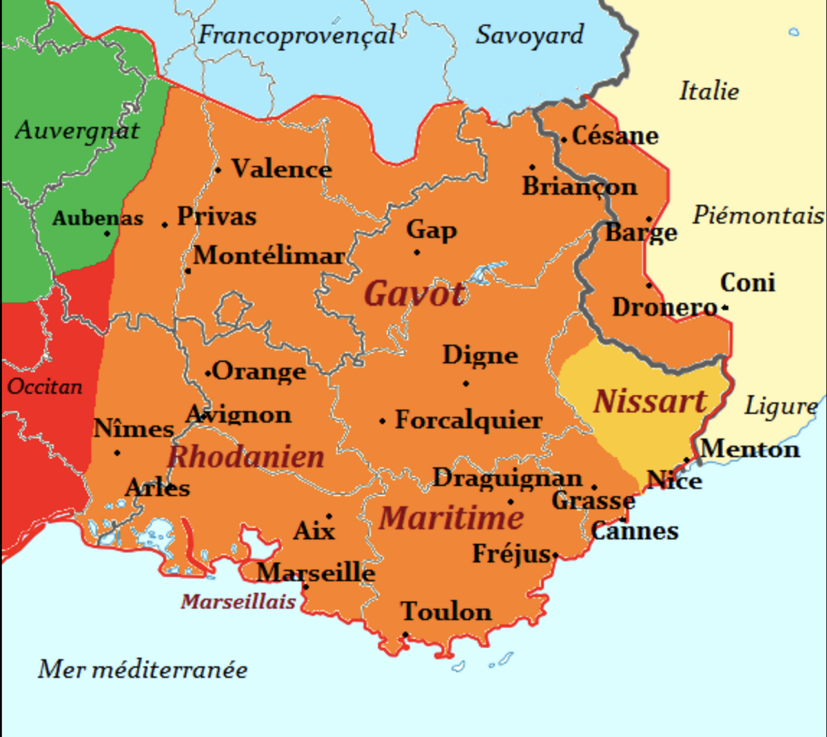 Kort over udbredelse af provençalsk