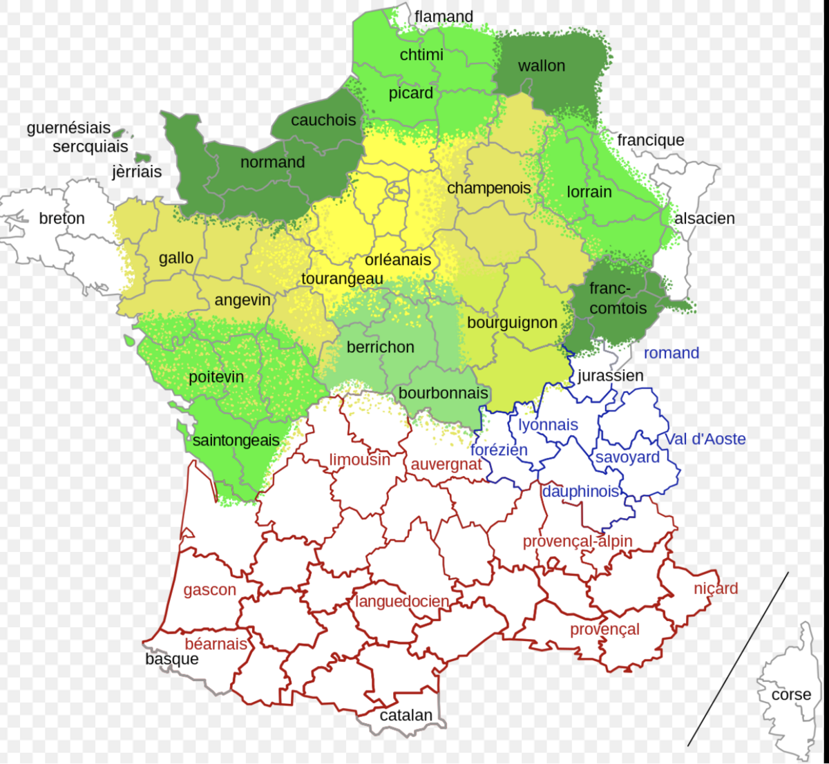 Kort over nordfransk langue d'oïl-sprog