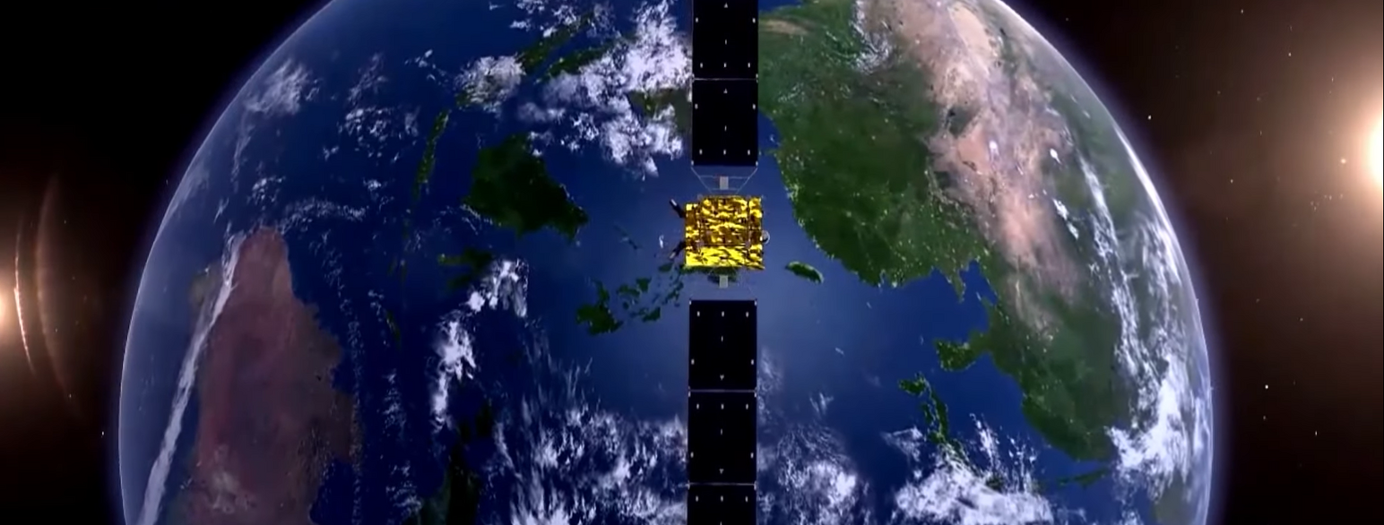 Kinesiske nyheders gengivelse af en BeiDou-satellit i rummet over Sydøstasien.