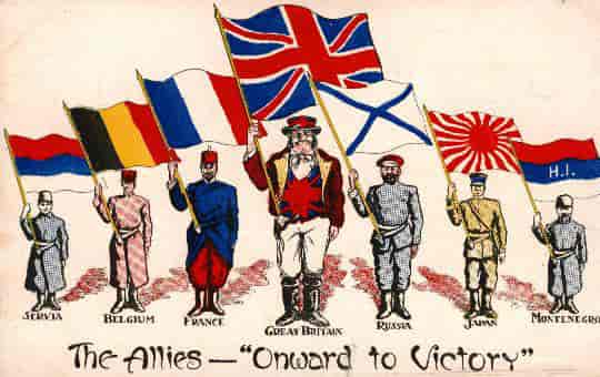 Propagandapostkort fra 1916, der viser lande, der indgik i de allierede, hver især illustreret som en nation