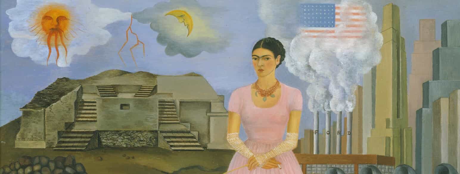 Frida Kahlo, "Self-Portrait on the Borderline Between Mexico and the United States". Oliemaleri fra 1932 