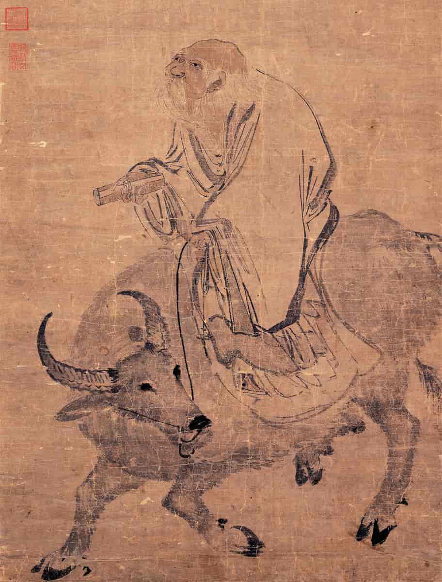 Laozi med sin bog, ridende på okse.