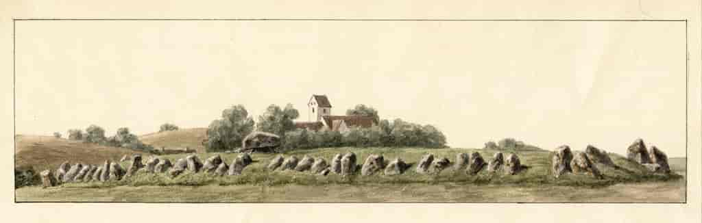 Kong Humbles grav på Langeland. Tegning, A.P. Madsen 1887