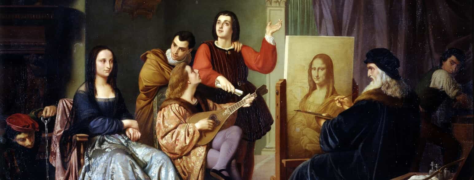 Et eksempel på genidyrkelsens højdepunkt i 1800-tallet: Cesare Maccaris maleri "Leonardo maler Mona Lisa" fra 1863 (udsnit)
