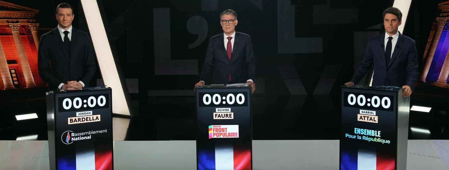 Tv-debat mellem spidskandidaterne fra hhv. højrefløjspartiet Rassemblement National, venstrefløjskoalitionen Nouveau Front populaire og centrumkoalitionen Ensemble.