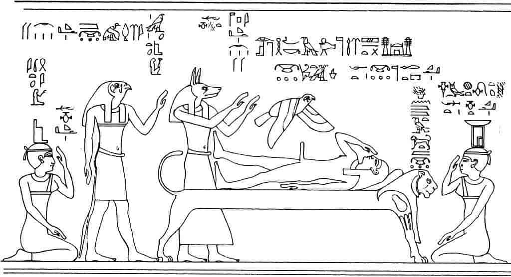 Fremstilling af Horus' undfangelse og Isis' og Nephtys' klage over den døde Osiris.