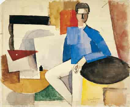 "Kubistisk komposition med siddende mand ved bord"