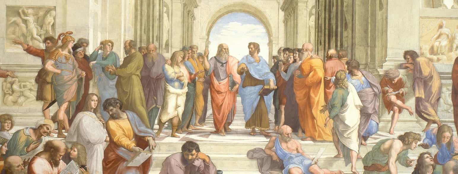 Skolen i Athen (1510-1511, udsnit). Aristoteles  ses i midten, klædt i blåt