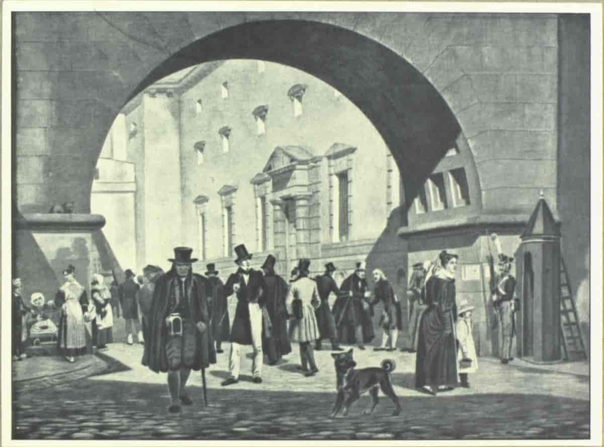 Maleri af Nytorv, udsigt fra Nytorv gennem porten til slutterigade