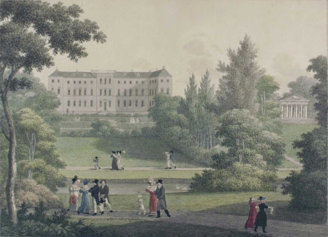 "Frederiksberg Slot, hovedbygning og apistemplet set fra parken", 1824