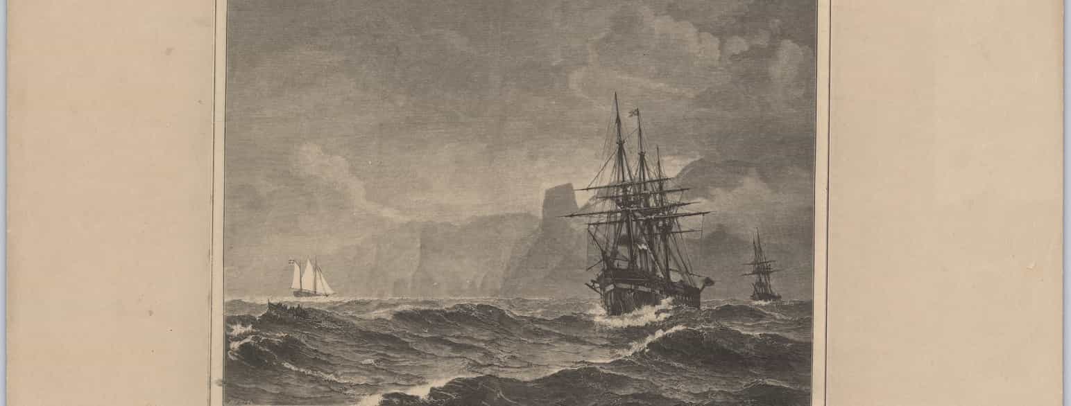 Kong Christian IX ombord i Fregatten Jylland forlader Færøerne paa Reisen til Island